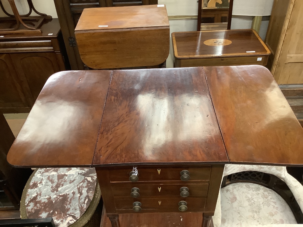 A Regency mahogany three drawer drop leaf work table, width 37cm depth 48cm height 76cm